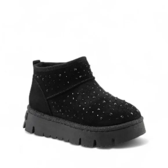 White Mountain “Tomas” Faux Fur Lined Studded Ankle Booties – Black Faux Suede - Picture 1 of 3